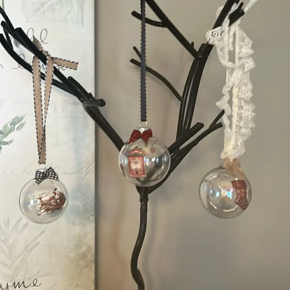 Upcycled Clear Glass Ornaments 3 Different Christmas Balls stocking, sleigh, hut